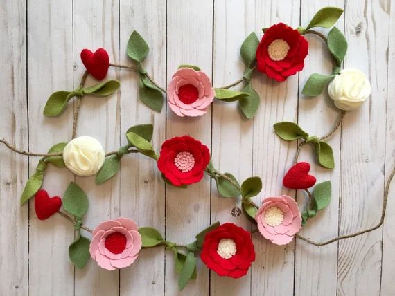 Valentine Garland Valentines Day Felt Flower Garland Decor | Etsy | Etsy (US)