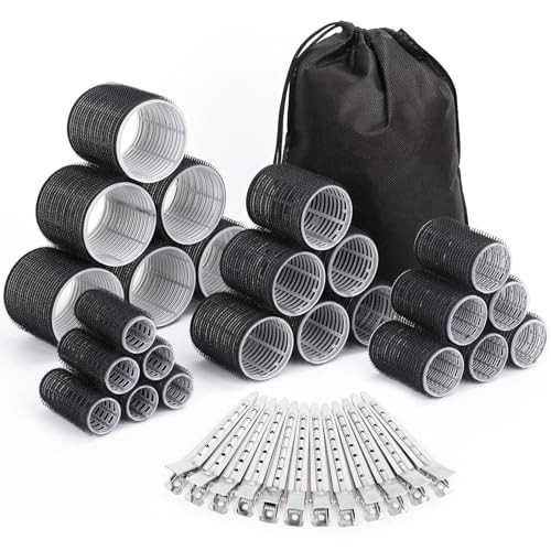Selizo Hair Curlers 36 Pcs Set with 24Pcs Hair Curlers 4 Sizes and 12 Pcs Hair Clips for Long Medium Short Thick Hair, Black | Amazon (US)