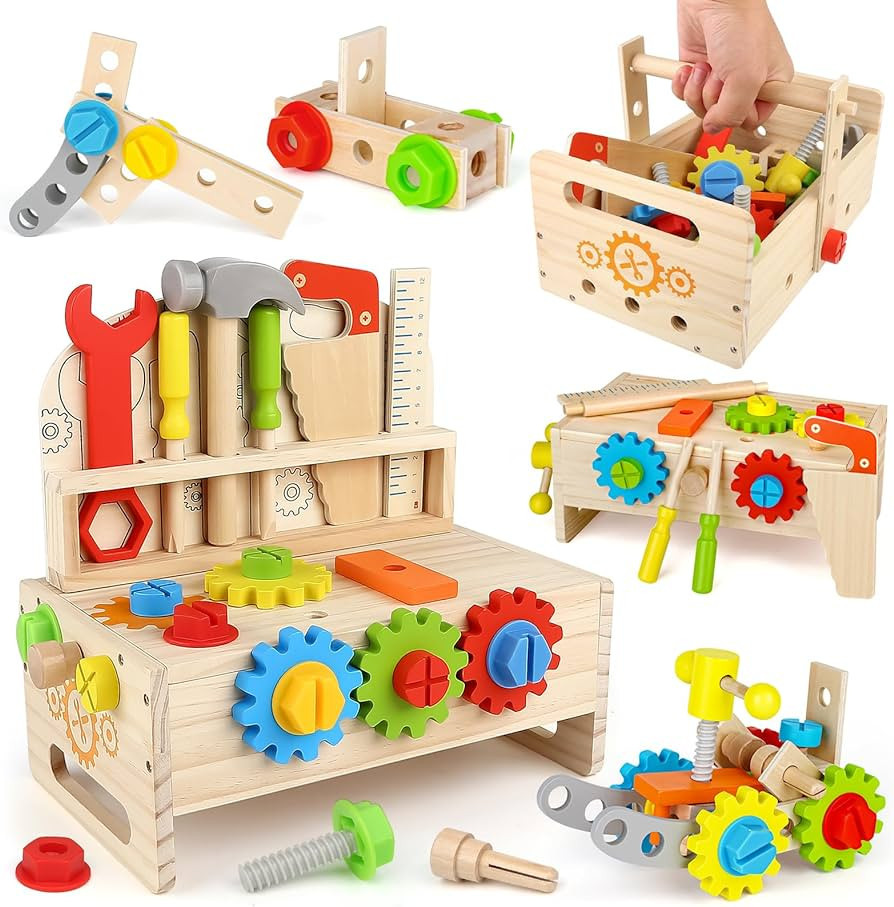 Montessori Tool Bench Set for Toddlers - Mini Wooden Work Bench for Kids, Construction Toys Woode... | Amazon (US)