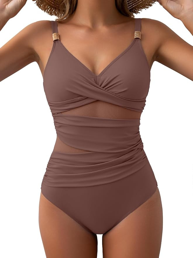 Women's Mesh One Piece Swimsuits Tummy Control V Neck Bathing Suit Sexy Push Up Swim Suit Slimmin... | Amazon (US)