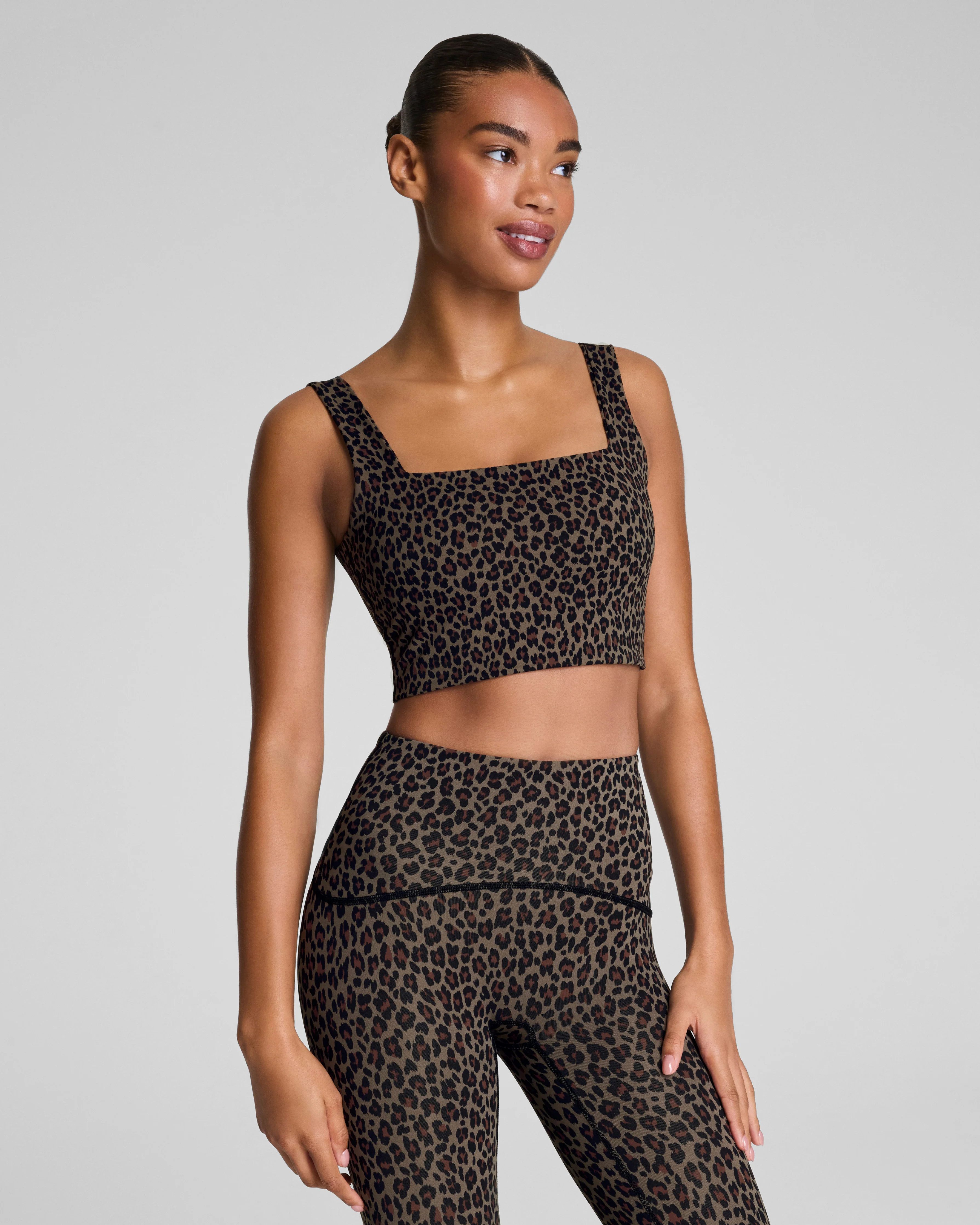Spanx Women's Get Moving Leopard Print Cropped Square Neck Shelf Tank Top in | Spanx