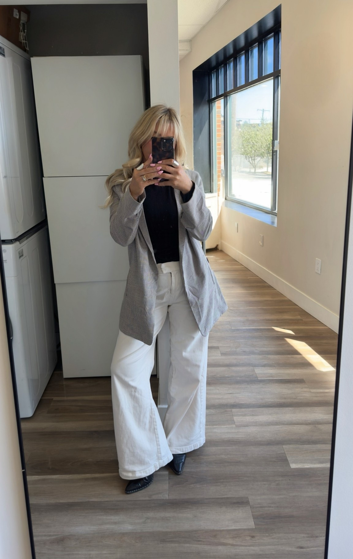 Business casual outfit inspo 
Blazer is Racheal Zoe (linked similar) 
Black long sleeve ribbed top from Walmart size small (such a good quality basic) 
Off white pleated  dress pants size 6
Black pointed toes studded mules size 7 


#LTKootd #LTKgrwm #LTKU