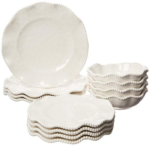 Perlette Off-White Beaded 12-Piece Dinnerware Set – Includes 4 Dinner Plates, 4 Salad Plates, 4 Bowls (7.5" x 2", 22 oz) – Elegant Unbreakable Melamine, Heavyweight, Perfect for Indoor/Outdoor Dining | Amazon (US)