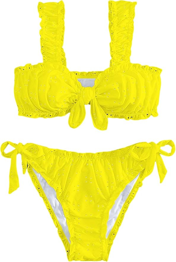 SHENHE Women's 2 Piece Cute Ruffle Swimsuit Knot Front Eyelet Tie Side Cut Bikini Set | Amazon (US)