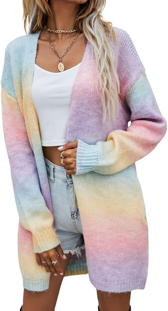 Women's Rainbow Knit Open Front Cardigan Sweater Long Sleeve Tie Dye Long Crochet Kimono Coat Out... | Amazon (US)
