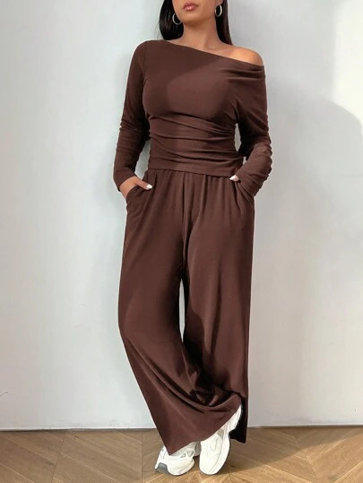 SHEIN EZwear Coffee Brown Long Sleeve Top And Pants 2pcs Plus Size Knit Women Fitted Suit SKU: sz... | SHEIN