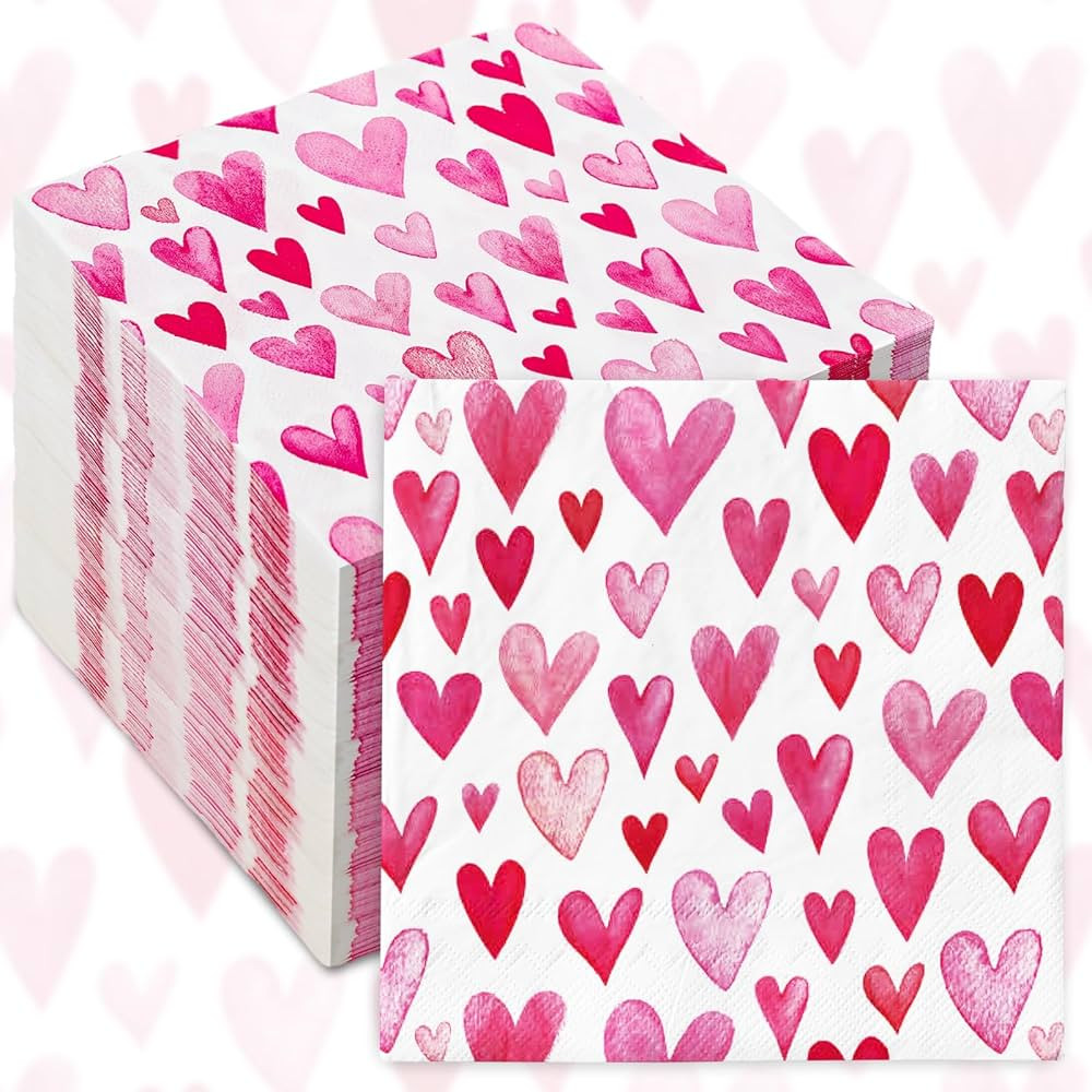 AnyDesign 50 Pack Valentine’s Day Paper Napkins Pink Watercolor Heart Disposable Luncheon Dinne... | Amazon (US)