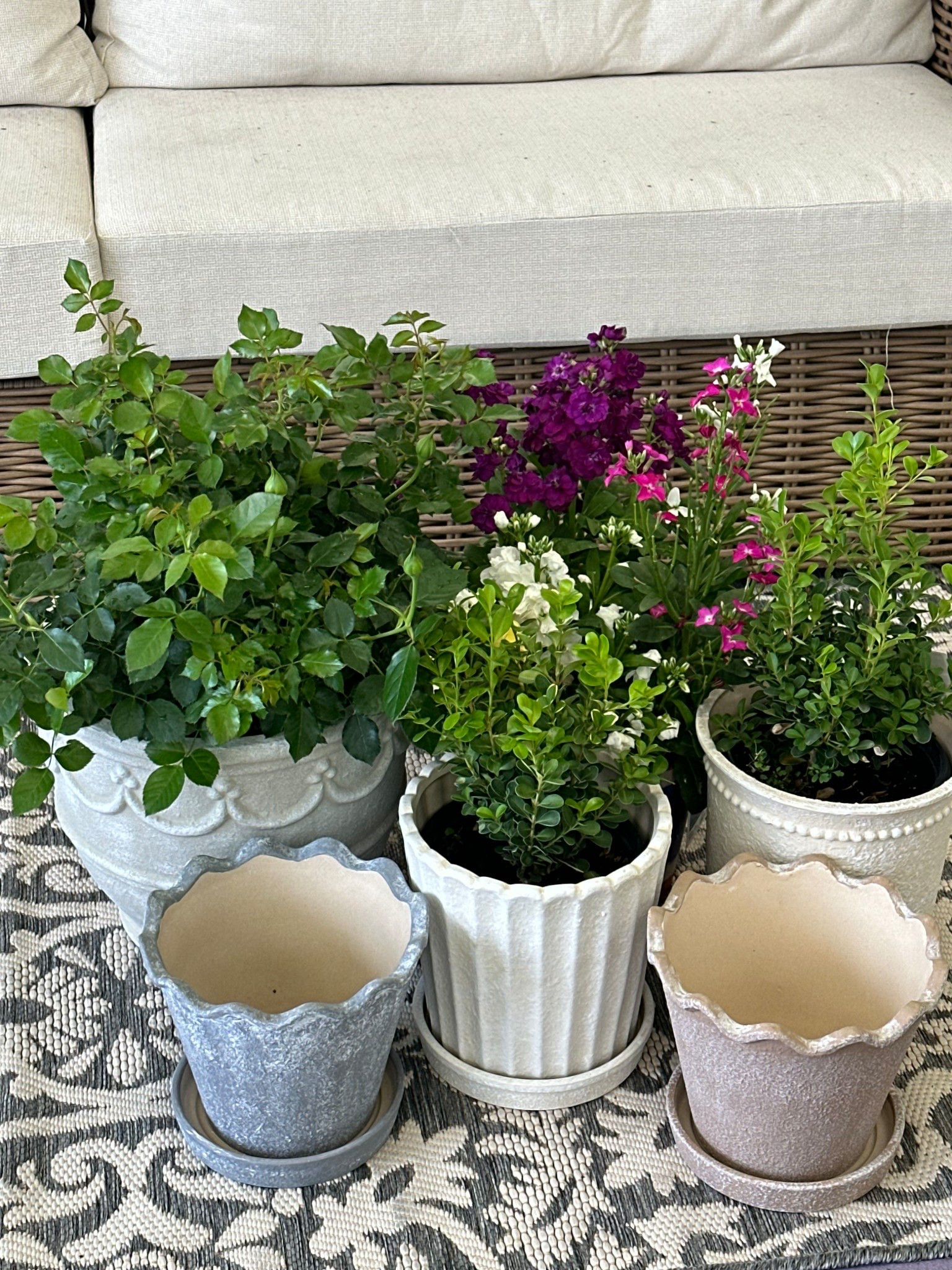 Patio, patio furniture, plants, plant pots, patio decor, Nancy Meyers, cottage core