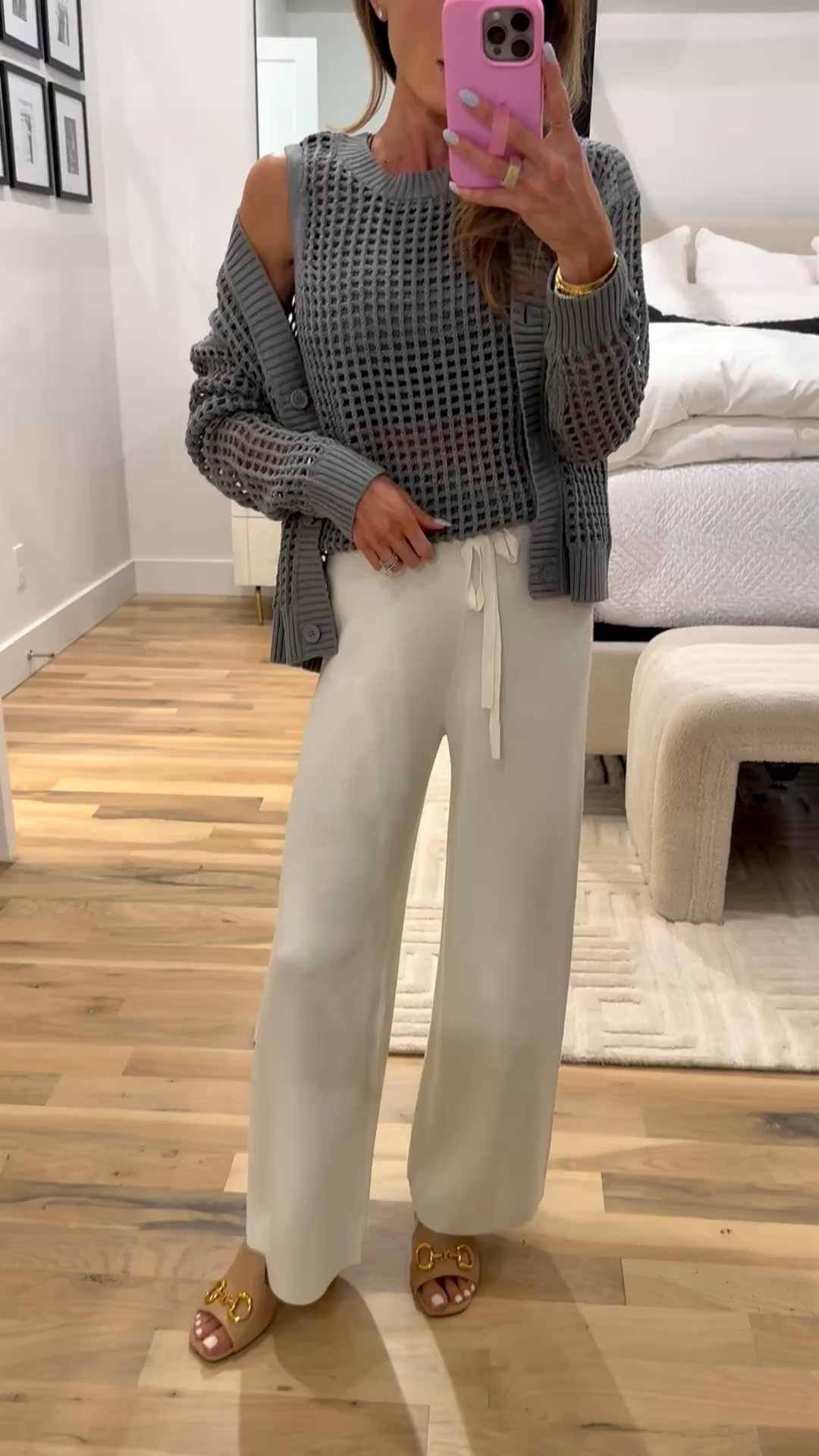 Luxurious feeling knit pants that are a nice thickness wearing smallest size with crochet knit sleeveless sweater and cardigan 

#LTKPetite #LTKSpringSale #LTKSaleAlert