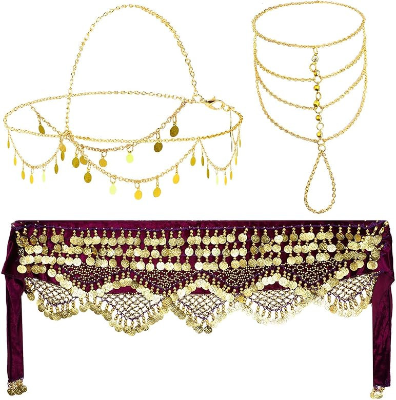 Women Gypsy Costume Accessories Gypsy Small Coins Headpiece Harness Bracelet and Bellydance Hip S... | Amazon (US)