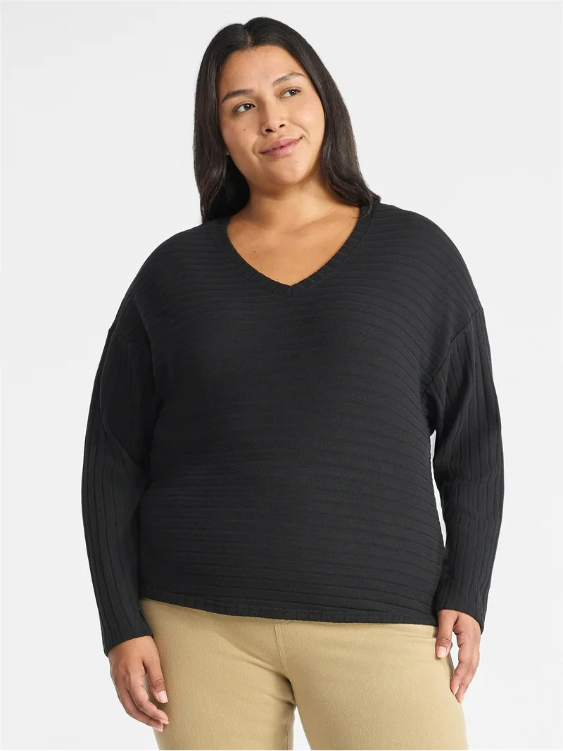 Time and Tru Women's Ribbed Hacci Knit V Neck Top with Long Sleeves, Sizes XS-XXXL | Walmart (US)