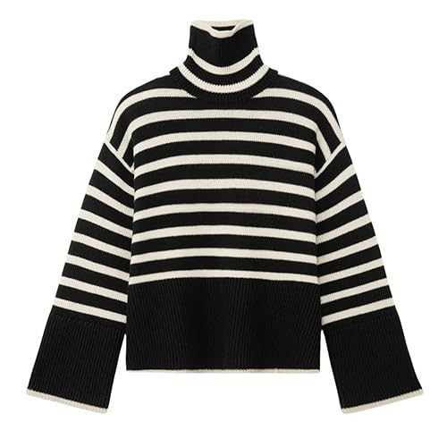 Women's Winter Sweaters Casual Turtleneck Long Sleeve Striped Side Slit Loose Pullover Batwing Sleeve Oversized Sweater Jumper Tops (Black) | Amazon (US)