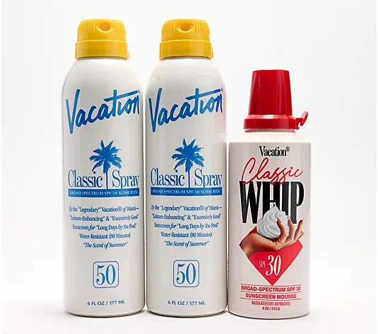 Vacation SPF50 Classic Spray and SPF30 Whipped 3-Piece Sunscreen Set | QVC