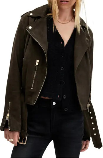 AllSaints Suede Moto Jacket in Tarmac Green at Nordstrom Rack, Size 2 Us / 6 Uk | Nordstrom Rack