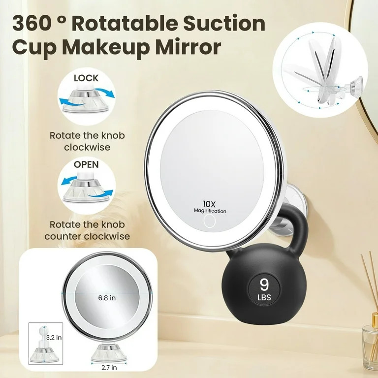 10X Magnifying Makeup Mirror with 3 Light Settings - Rechargeable Travel Mirror with Locking Suct... | Walmart (US)
