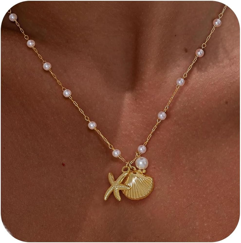 Ewrkbr Gold Necklace for Women,14K Gold Plated Shell Starfish Beach Necklaces Cute Boho Pendant N... | Amazon (US)