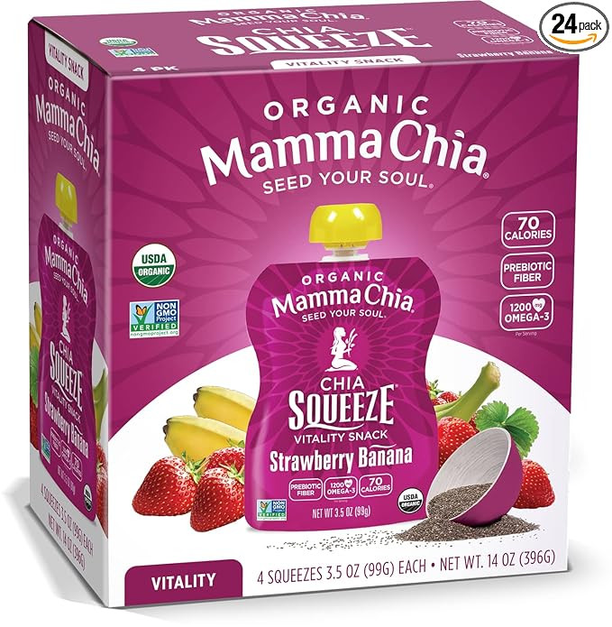 Mamma Chia Organic Vitality Squeeze Snack, Strawberry Banana, 24- 3.05 Ounce Chia Pouches. USDA O... | Amazon (US)