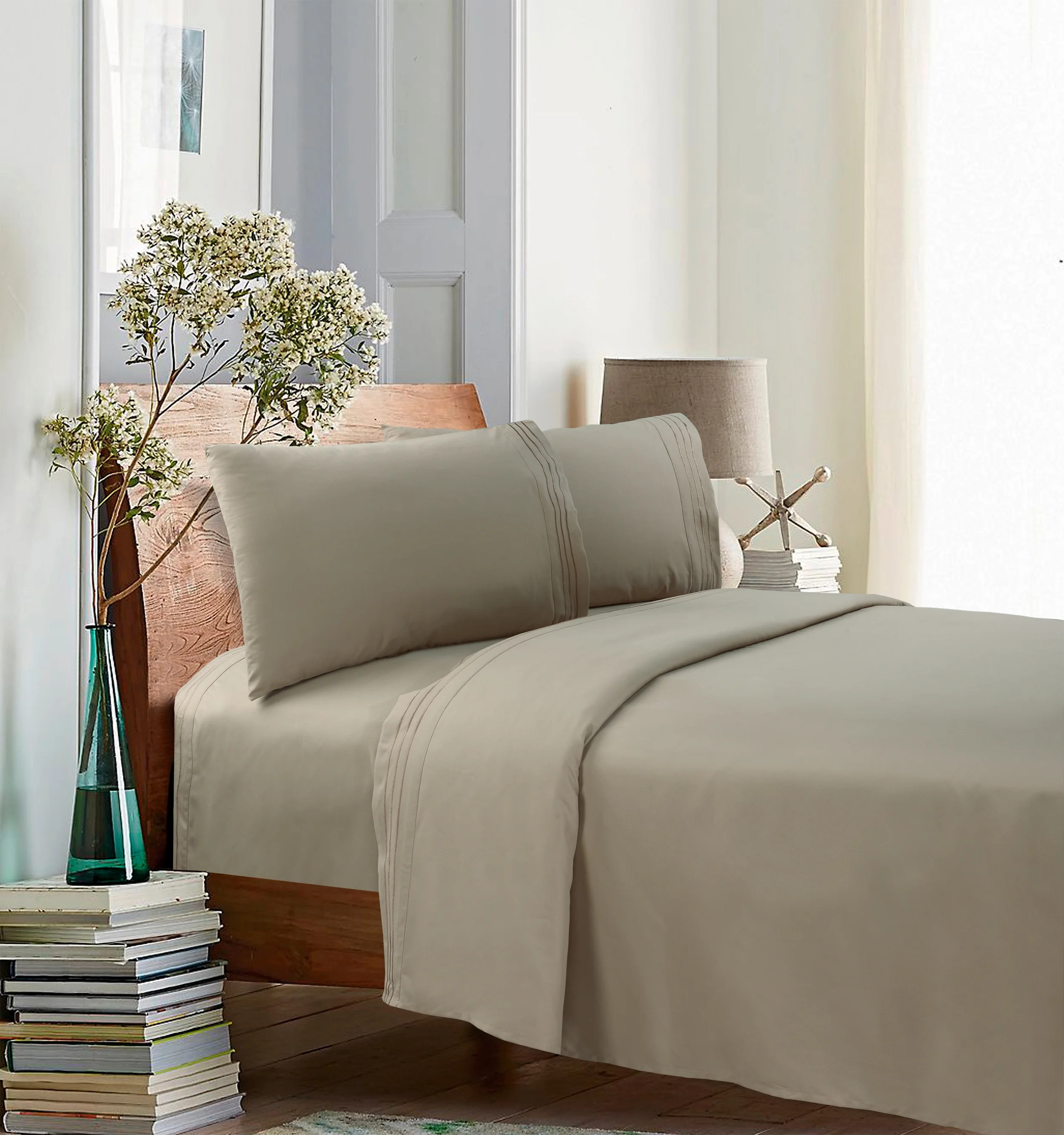 Better Homes & Gardens Embroidered Luxury Microfiber Adult Sheet Set, King, Brownstone, 4 Pieces | Walmart (US)