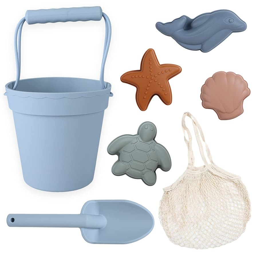 BLUE GINKGO Modern Baby Sand Toys | Travel Friendly | Silicone Bucket, Shovel, 4 Molds, Beach Bag... | Amazon (US)