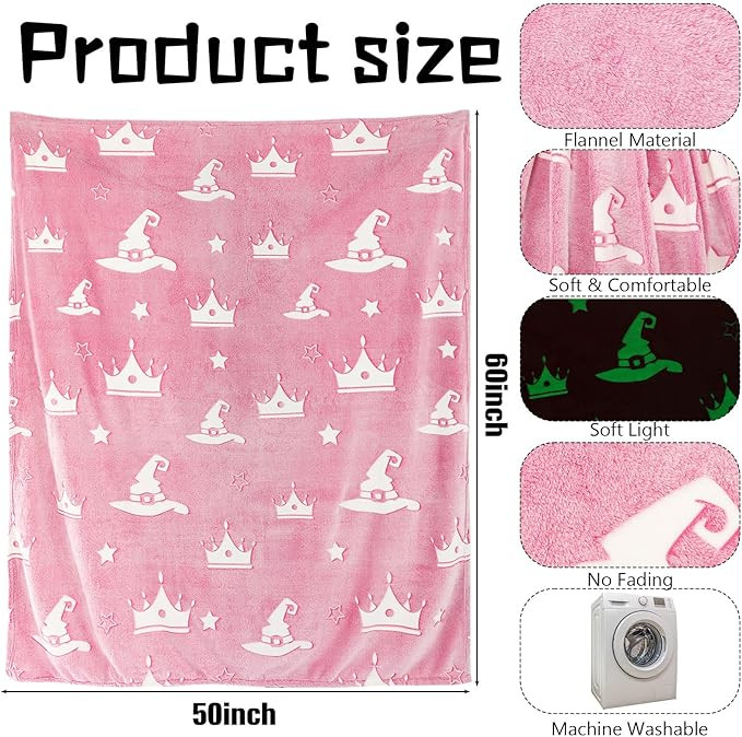 Witch Hat and Pink Crown Blanket for Girls 50 x 60 Inch Glow in The Dark Fun Witch Theme Throw Bl... | Amazon (US)