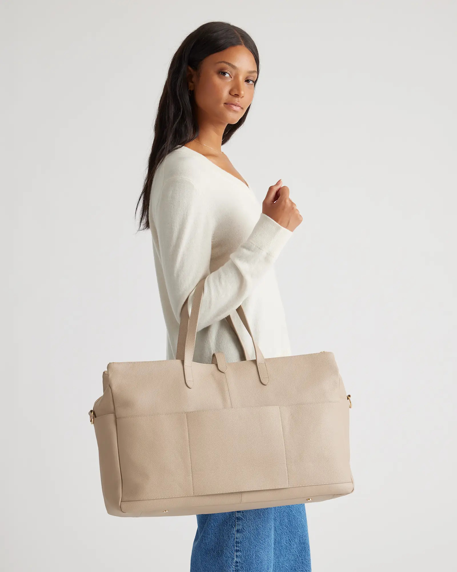 Italian Leather Triple Compartment Weekender in Taupe | Quince