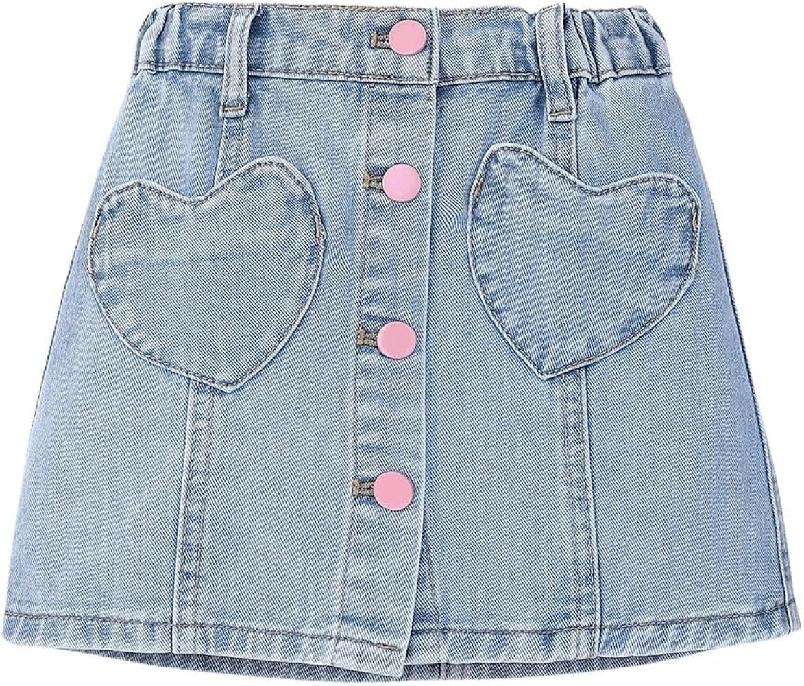 Girl's Heart Pattern High Waist A Line Skirt Casual Regular Fit Short Denim Skirts | Amazon (US)