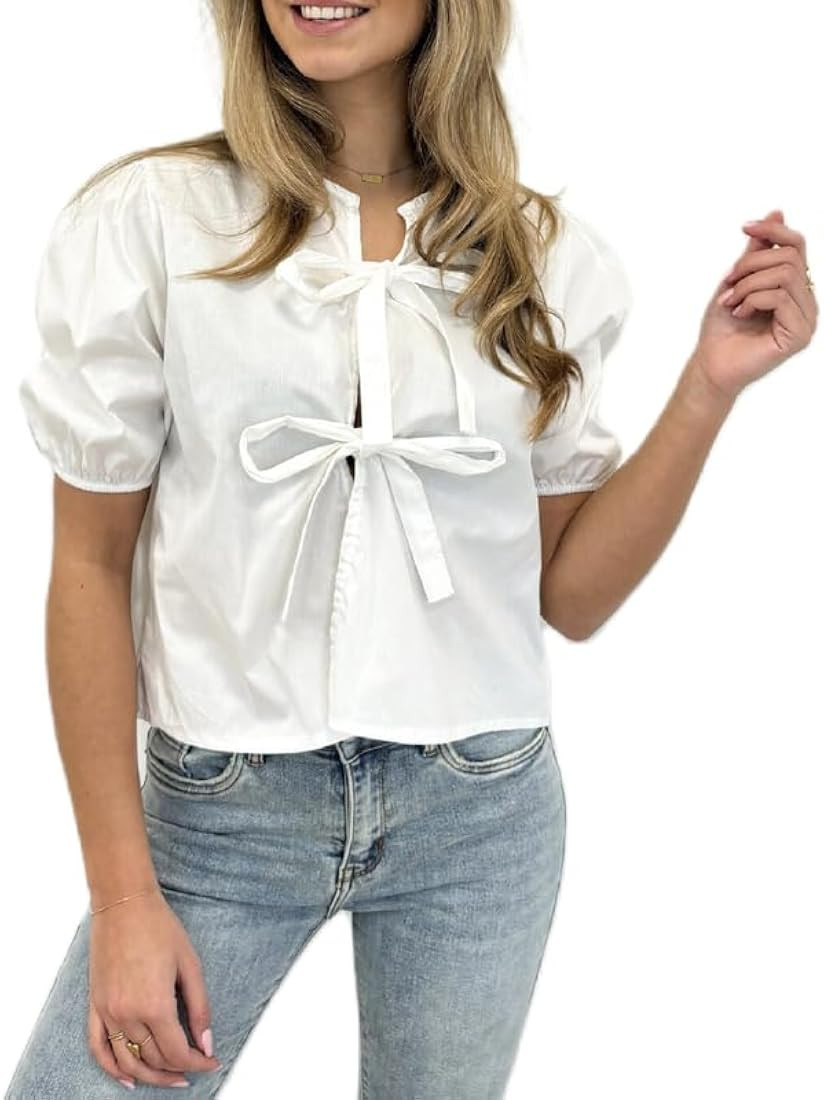 Women Y2K Cute Tie Front Short Sleeve Shirts Peplum Babydoll Ruffle Hem Lace Up Blouse Tops Vinta... | Amazon (US)