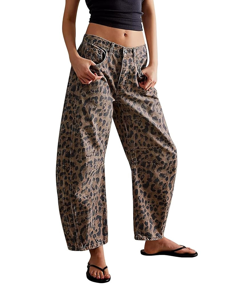 Kedera Women's Baggy Barrel Jeans Casual Boyfriend Mid Rise Leopard Printed Wide Leg Denim Ankle ... | Amazon (US)