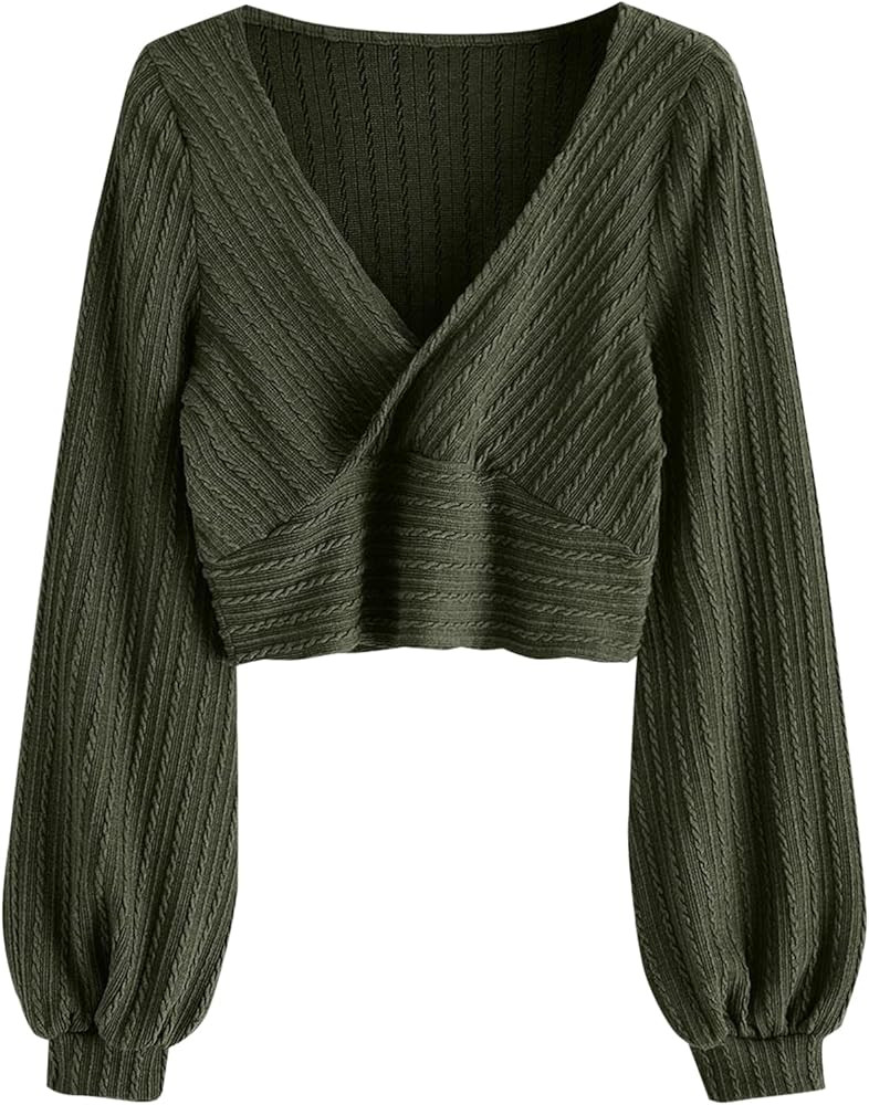 ZAFUL Women's Pullover Ribbed Cropped Knitwear Drawstring Ruched Knitted Crop Top Solid V-Neck Lo... | Amazon (US)