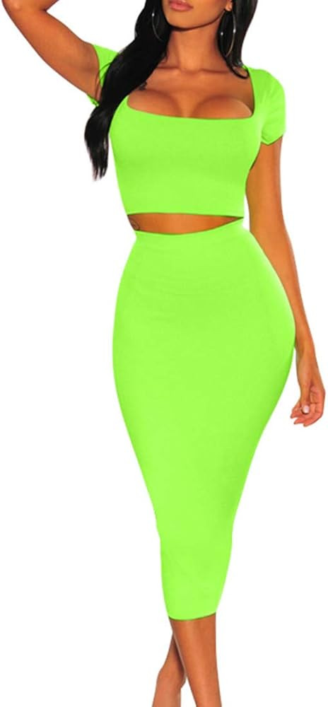 Kaximil Women's Sexy Bodycon Midi Club Dresses Basic Casual 2 Piece Outfits Crop Top Skirt Set | Amazon (US)