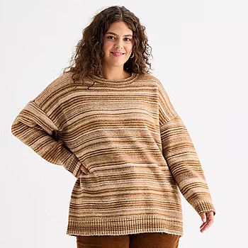 a.n.a Plus Womens Crew Neck Long Sleeve Striped Pullover Sweater | JCPenney