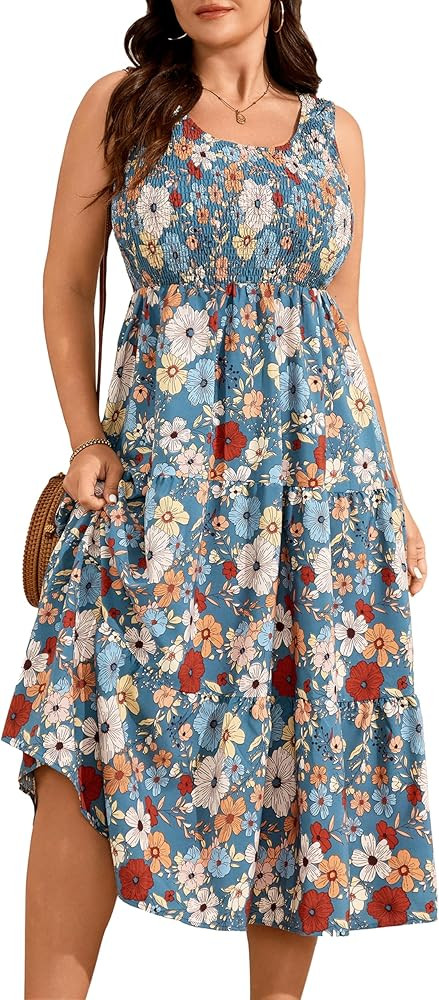 RWJ Plus Size Summer Sleeveless Tank Dress for Women 2025 Smocked Casual Loose Sundress Flowy Beach Tiered Long Midi Dresses | Amazon (US)