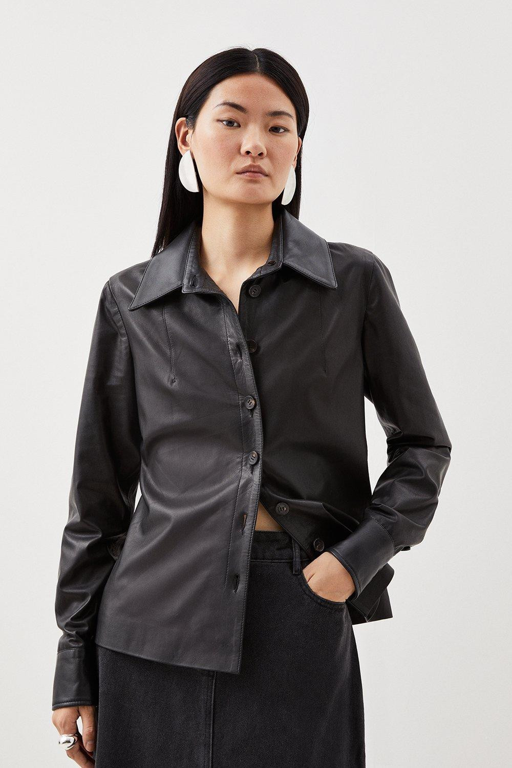 Leather Button Down Collared Shirt | Karen Millen US