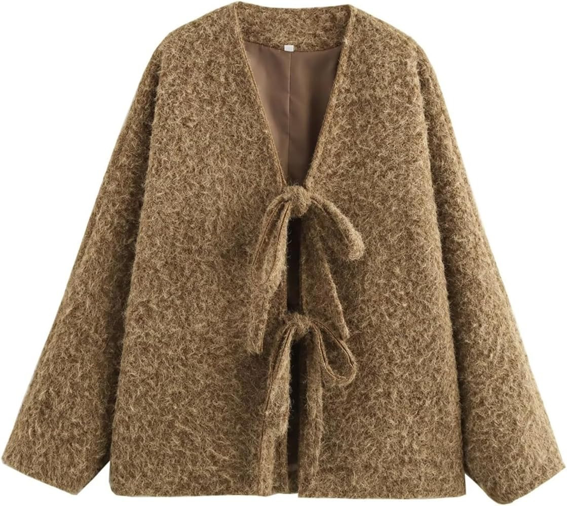 Perbai Women's Tie Front Bow Cardigan Jacket Fuzzy Wool Blend Long Sleeve Batwing Oversized Winte... | Amazon (US)