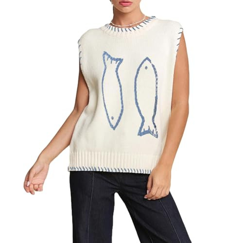 Women Graphic Sweater Vest Y2k Sleeveless Lobster Pullover Top Crew Neck Lightweight Fall Knit Ta... | Amazon (US)