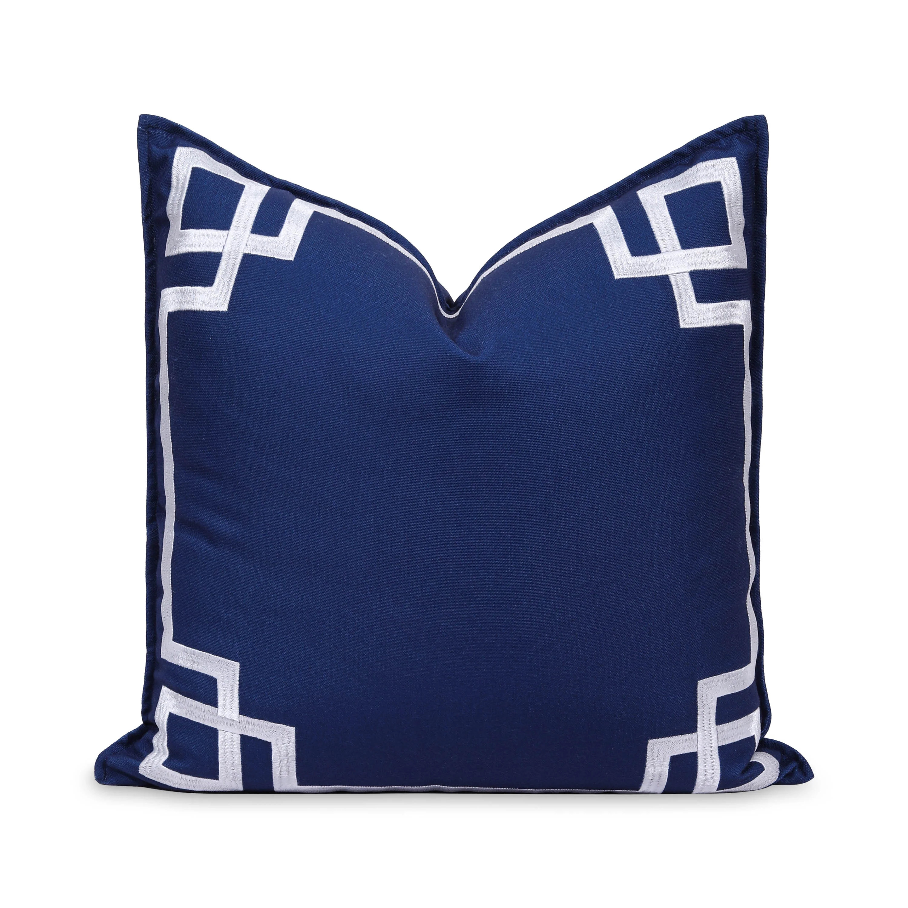 Coastal Indoor Outdoor Throw Pillow Cover, Embroidered Frame Greek Key, Navy Blue, 20 | Hofdeco
