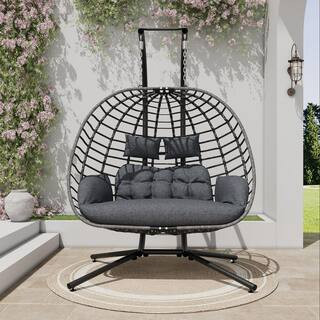 Large 2-Person Wicker Double Porch Swing Egg Chair with Stand and Gray Cushion | The Home Depot