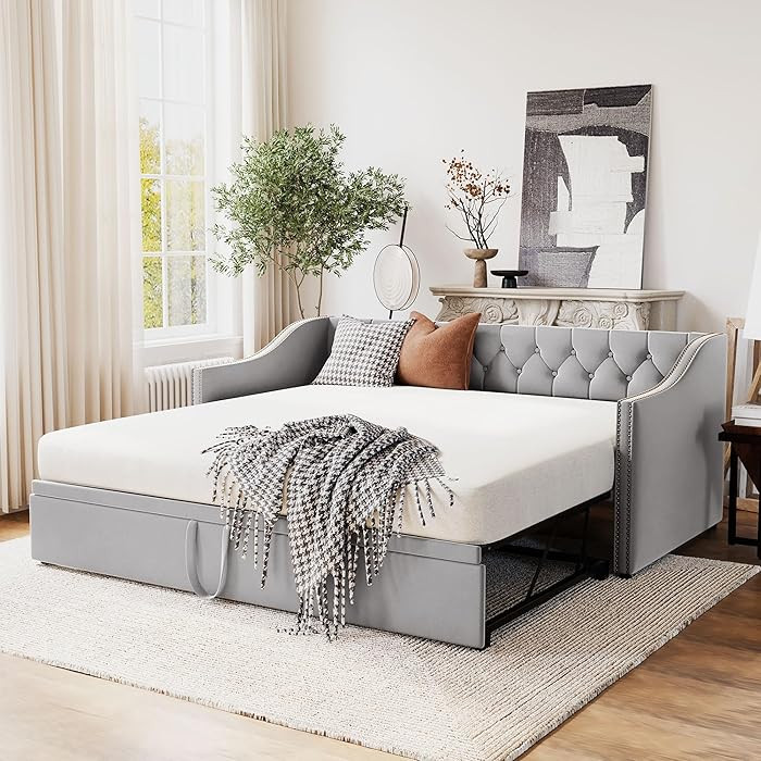 Ball & Cast Twin Size Daybed with Pop up Trundle,Velvet Upholstered Day Bed Frame with Button Tuf... | Amazon (US)