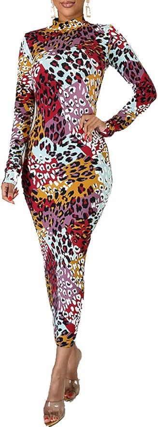 WanMem Bodycon Dresses for Women Casual Floral Prints Long Sleeve Slim Fit Elegant Club Dress | Amazon (US)