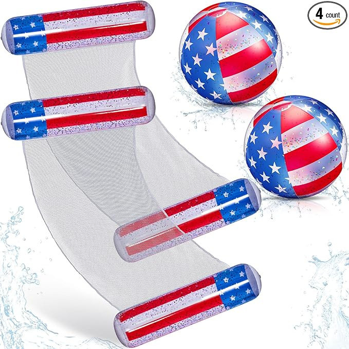 Lewtemi 4pcs 4th of July Inflatable Pool Float Set with 2 Pcs Patriotic USA Flag Fun Lounger 2 Pc... | Amazon (US)