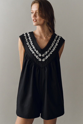 By Anthropologie 100% Cotton V-Neck Yoke Romper | Anthropologie (US)