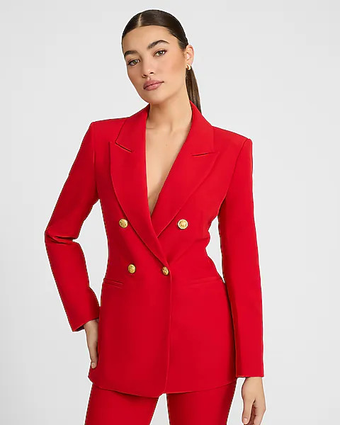 Signature Stretch Double Breasted Long Slim Blazer | Express