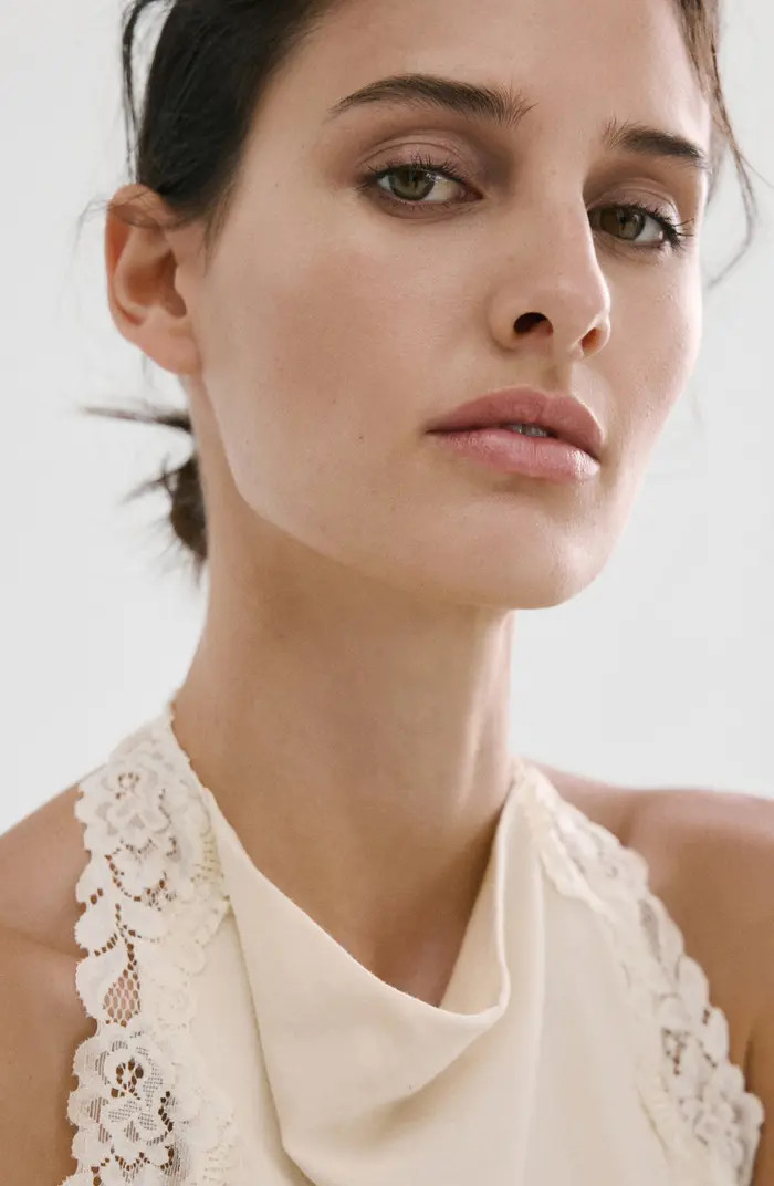 MANGO Kristen Draped Lace Detail Cotton Halter Top | Nordstrom | Nordstrom