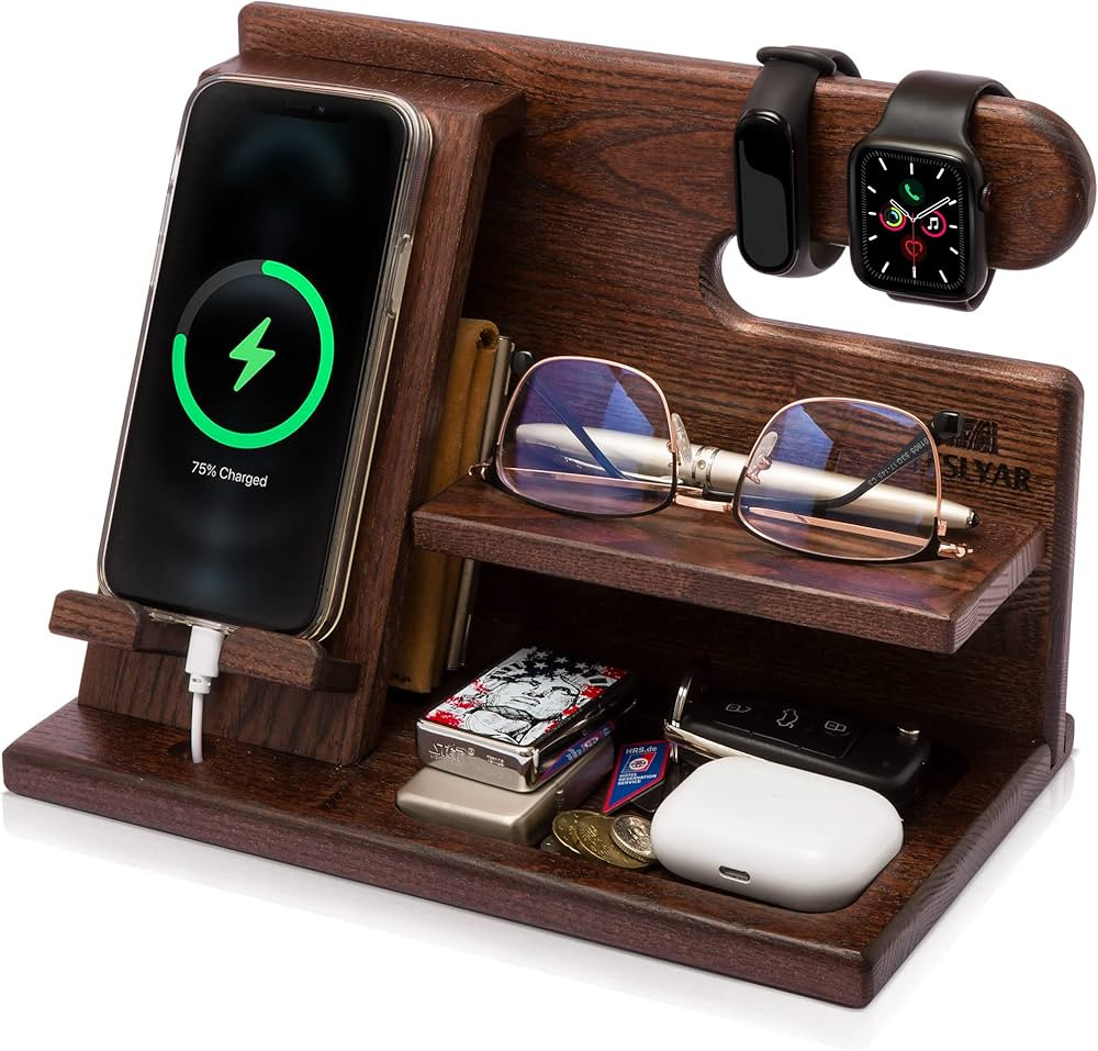 TESLYAR Wood Phone Docking Station Ash Key Holder Wallet Stand Watch Organizer Men Husband Wife Anni | Amazon (US)