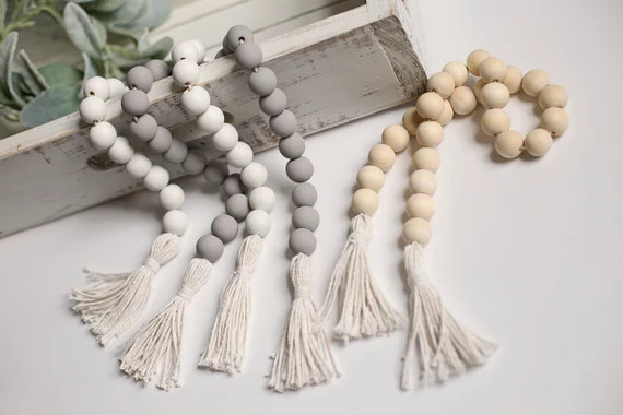 Wood bead garland with tassels farmhouse decor tiered tray | Etsy | Etsy (US)