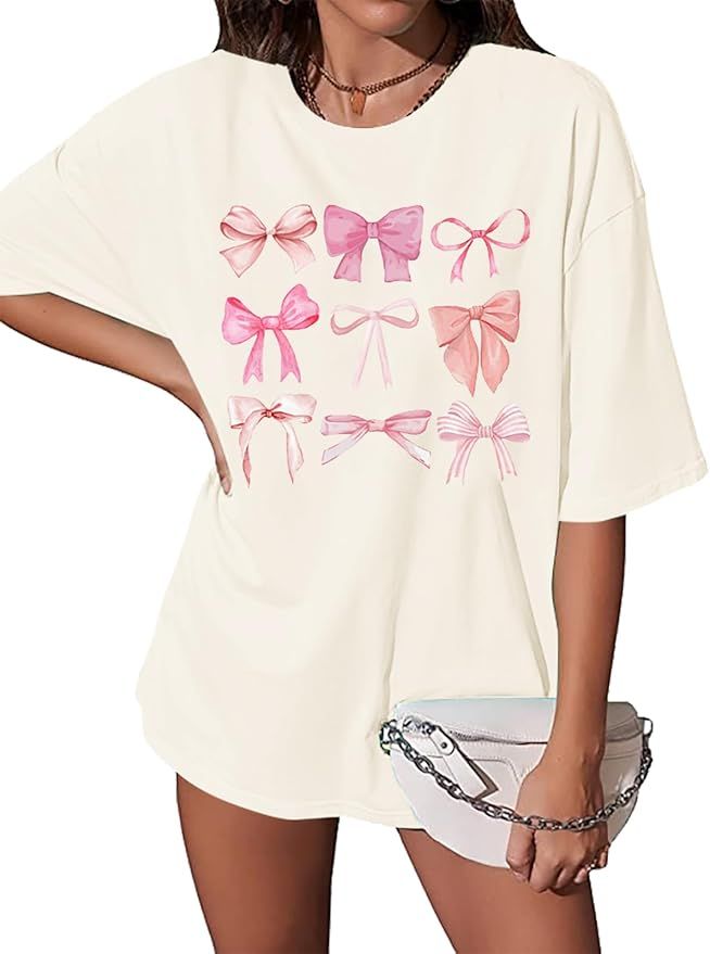 Womens Bow Shirt Coquette Aesthetic Shirt Trendy Pink Bow Girly Tee Watercolor Pastel Bow Oversiz... | Amazon (US)