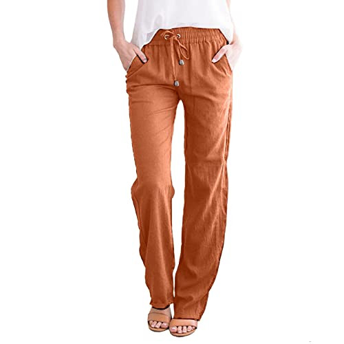 Today Deals Linen Pants for Women 2024 Womens Casual Cotton Linen Pants Lightweight Summer Relaxed Fit Pants Drawstring Plus Size Solid Lounge Long Trousers | Amazon (US)