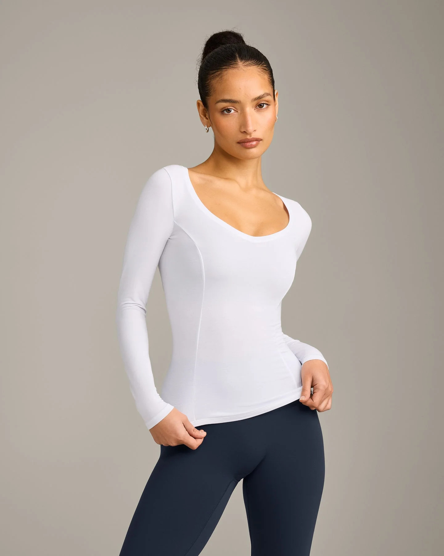 Mellow™ Motion Wide V Neck Long Sleeve Top 
 White | Oner Active (UK / US)
