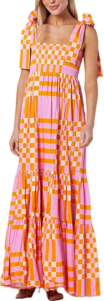 Women Boho Tie Shoulder Dress Y2k Floral Smocked Long Flowy Dresses Cute Summer Beach Spaghetti S... | Amazon (US)
