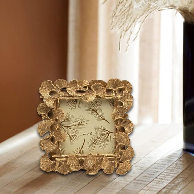 SYLVIA'S SHOP Vintage 4x4 Square Picture Frame, Small Antique Ornate Gold Ginkgo Leaf Photo Frame... | Amazon (US)